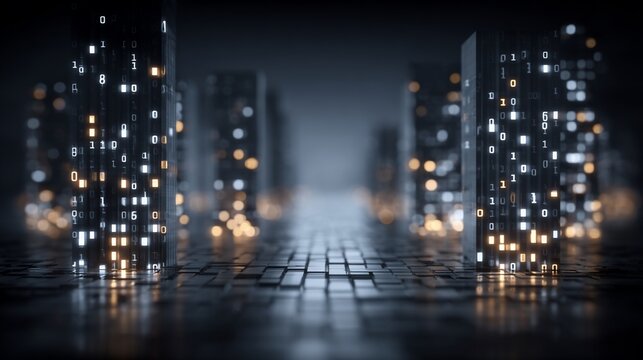 Abstract Digital Cityscape with Binary Code and Glowing Elements Creates Futuristic Ambiance