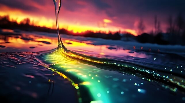 Glowing stream of liquid light reflecting vivid sunset with surreal colors and electric shine