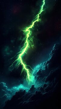 Bright green lightning bolt cutting through stormy sky in a cosmic night setting