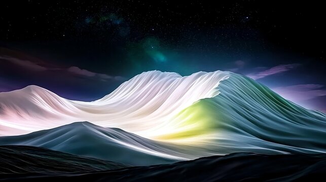 Smooth glowing wave-shaped formation of white fabric-like textures under a starry sky