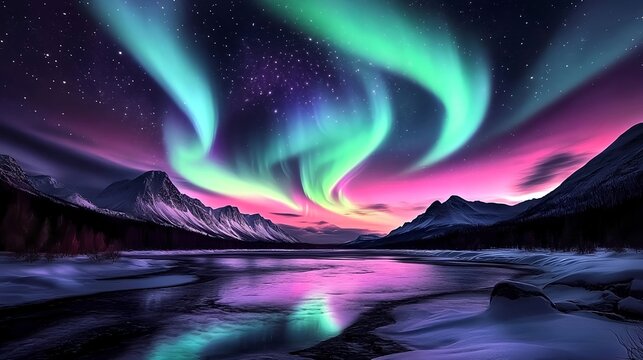 Colorful northern lights dancing above snowy mountains and frozen river at night