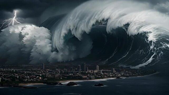 Apocalyptic scene of a giant tsunami wave approaching a coastal city during a major storm
