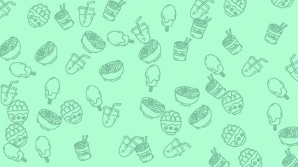 Abstract mint green background with fun food doodles scattered, perfect for food blogs, recipe websites, or social media posts.