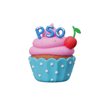3D Rendered Pink Frosted Cupcake with Blue Polka Dot Wrapper and PSO Letters pink frosting