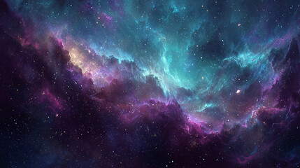 Celestial canvas: A mesmerizing tapestry of teal and purple cosmic dust, adorned with sparkling stars painting the vast expanse of the universe.