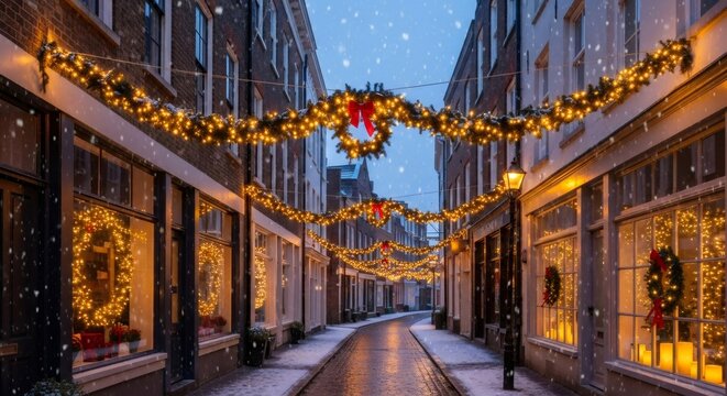 Empty European street decorated with festive Christmas garlands and lights. Winter Holiday decorations for New Year celebration and winter season.