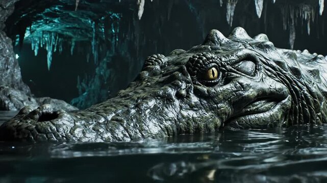 Crocodile emerging from dark subterranean lake, yellow eyes glowing among stalactites and blue cavern light, wet scales glinting as it lurks, predatory and menacing
