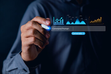 Business professional using digital tablet to analyze data trends and financial growth metrics with virtual interface elements in modern workspace setting