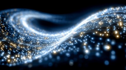 Abstract flowing digital wave with luminous particles on dark background, representing