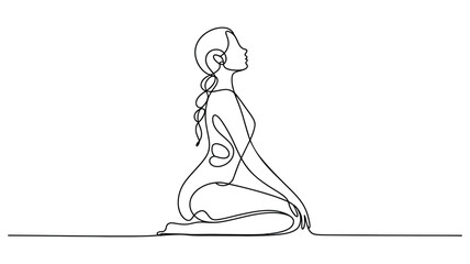 continuous line drawing of seated person with braided hair in meditative pose, representing calmness, mindfulness and inner peace