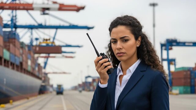 Female logistics manager in suit giving orders on walkie talkie in busy cargo container port