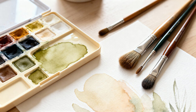 Artist's creative workspace with a watercolor palette, brushes, and paper. Hobby and art supplies for painting on a wooden desk