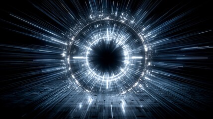 Abstract Futuristic Circular Portal with Blue Light Streaks and Dark Center