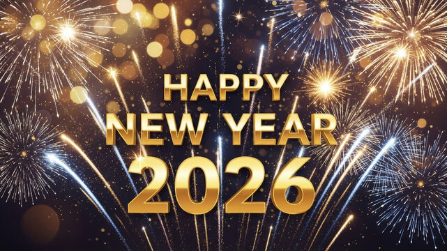 A bright golden Happy New Year 2026 message surrounded by sparkling fireworks and festive stars, perfect for holiday campaign graphics, celebration invitations card or New Year promotional design