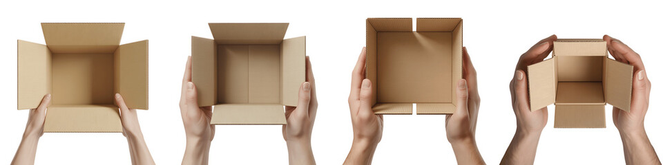 Four open cardboard boxes held by hands isolated on transparent background