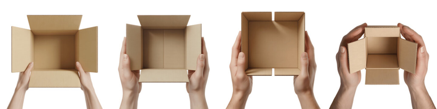 Four open cardboard boxes held by hands isolated on transparent background