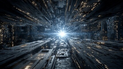 Abstract Futuristic Tunnel with Glowing Light at the End of the Perspective