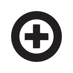 Simple dark gray circle with a white plus sign icon symbol representing medical health care or addition