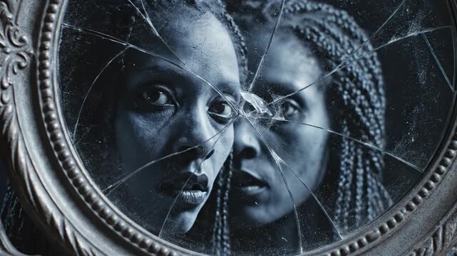 Woman with braided hair reflecting her split identity in a cracked mirror, creating a conceptual portrait about internal conflict and fragmentation of self