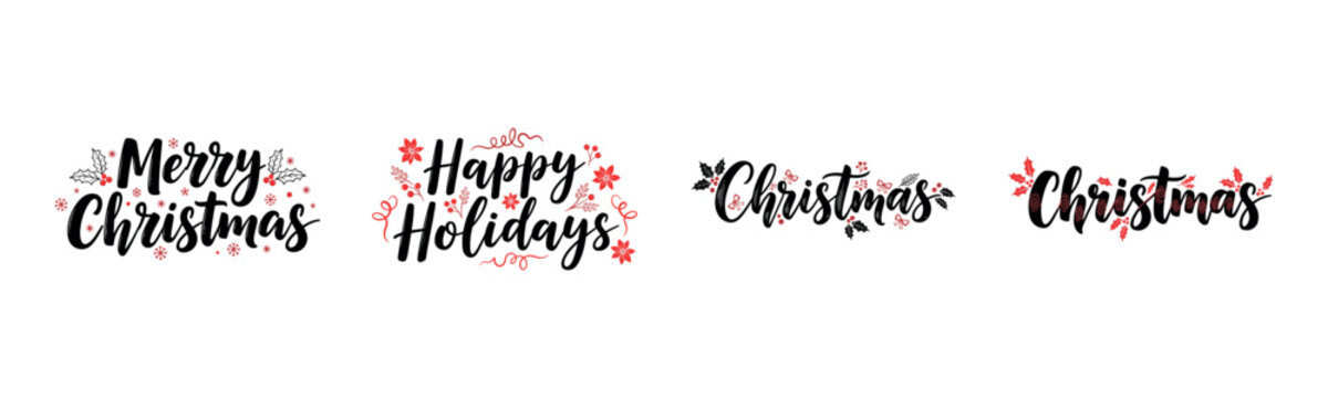 Merry Christmas, Happy Holidays, Happy New Year festive greeting with red holly berries, snowflakes, and elegant script set on transparent background