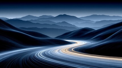Abstract landscape featuring winding road and mountain range in serene blue tones