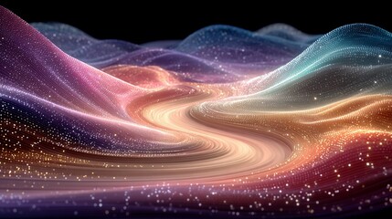 Abstract landscape with flowing energy trails and colorful glowing particles design