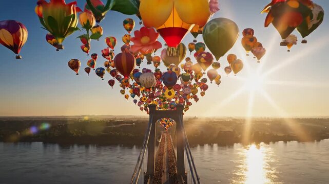 Colorful flower-shaped and patterned hot air balloons float at sunset above a packed suspension bridge and wide river, creating a surreal, festive scene of joy and travel