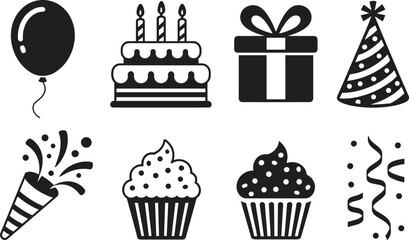 Black and white party celebration icons set including cake, balloons, gifts, cupcakes, confetti, party hat and poppers illustration