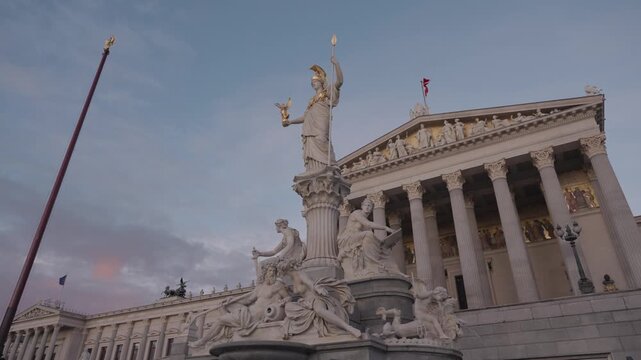 Austrian Parliament and Pallas Athene Fountain at Dusk , Vienna Austria Landmarks with Horse Tamer Statues