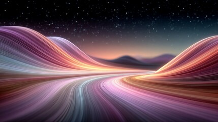 Abstract luminous landscape with colorful waves and starry sky background scene