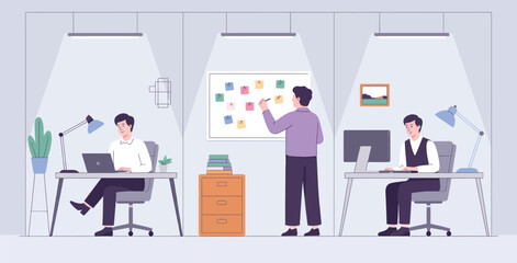 modern office workspace with diverse professionals collaborating, featuring desks, whiteboard, computers, and organized interior design