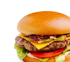 Juicy burger with cheese, vegetables, and fresh toppings served on a smooth bun