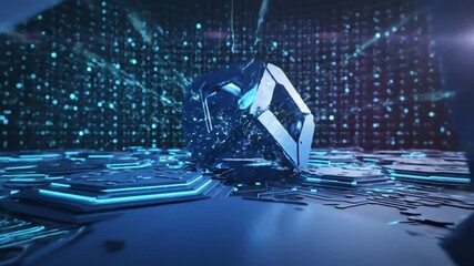 Fragmented techno head embodying consciousness and mind, sitting on a circuit board platform with glowing elements, surrounded by a digital matrix of connecting data points and a vibrant light flare - Powered by Adobe