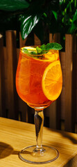Refreshing fruity drink served in a tall glass with mint and orange