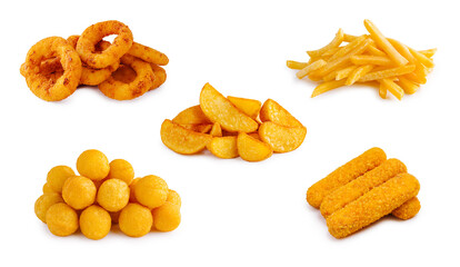 Variety of crispy snacks displayed on a white background