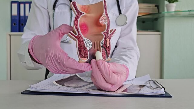 A proctologist doctor administers a rectal suppository and an artificial model of the human rectum
