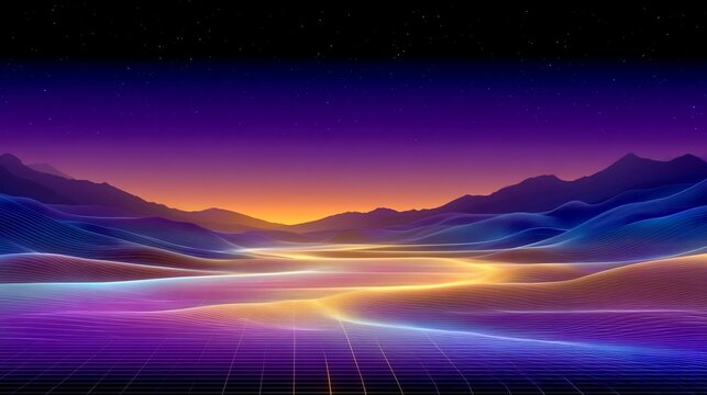 Abstract Retrowave Landscape with Glowing Grid and Mountains at Sunset Digital Art