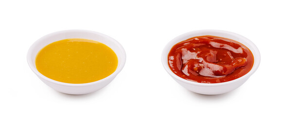 Mustard and ketchup served in small bowls for a meal or snack