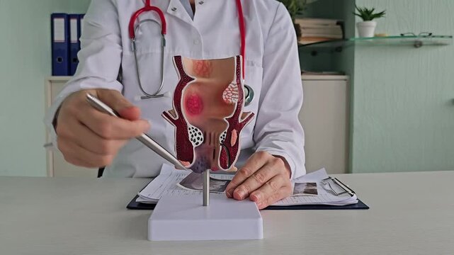 Doctor with model of human rectal anatomy and hemorrhoids in hospital, inflamed vascular structure
