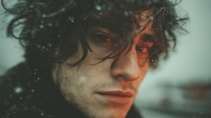 Emotional portrait of a young man with curly hair, caught in falling snow, showcasing a moment of introspection during a winter evening