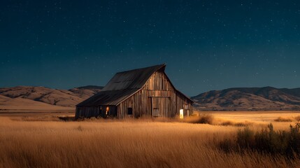 A rustic barn stands illuminated at night under a starry sky with golden fields and distant hills