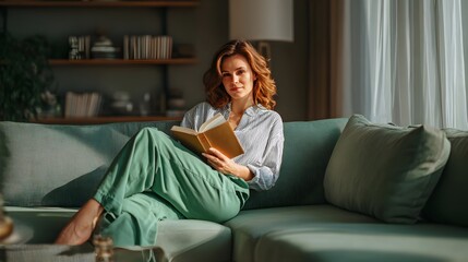 Fototapeta premium Relaxed woman with long wavy hair reading a book in modern sunny living room. Concept: Comfortable lifestyle, relaxation, and eco-friendly modern home living.