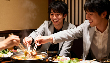 Smiling japanese work colleagues enjoying a hot pot dinner at a restaurant. Young men sharing a traditional nabe meal after work
