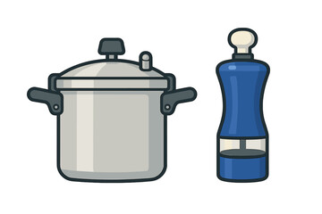 Stainless steel pressure cooker and modern blue spice grinder kitchen tools