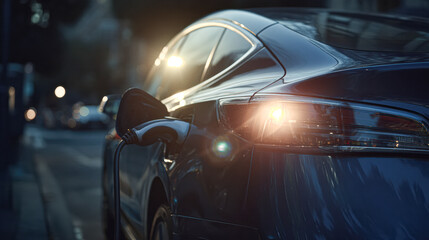Naklejka premium A sleek, modern car is parked on a city street, illuminated by the soft glow of evening lights, showcasing its elegant design and reflective surfaces.