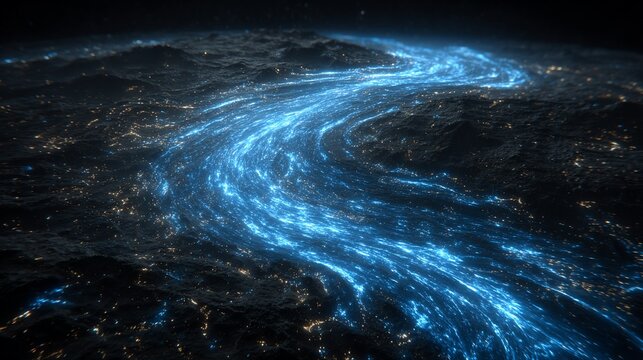 Bioluminescent river winding through a dark landscape with distant city lights visible - Powered by Adobe