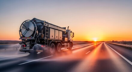 Fototapeta premium Salt spreading truck on road against a sunset. De-icing road treatment, winter maintenance and safety concept. Transport industry.