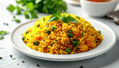 A plate of yellow rice with peas and basil, presented on a textured surface with blurred greenery in the background.