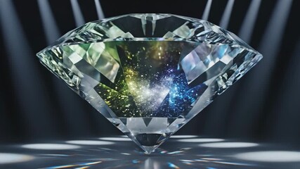 Diamond gemstone showcasing a colorful galaxy reflecting light and creating starburst effects on a dark background, representing cosmic luxury and abstract beauty - Powered by Adobe