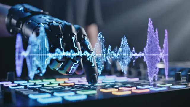 Robotic hand with glowing circuits interacting with a dj controller, generating vibrant digital sound waves and illustrating the evolution of ai in music production and futuristic entertainment
